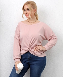 Plus size mauve pink long sleeve top with irregular knot design and scoop neckline
