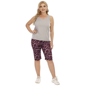 Plus size women's grey tank top and burgundy geometric print casual bermuda shorts set