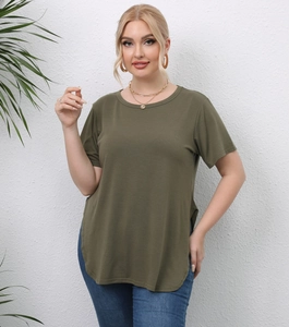 Women Plus Size Casual Short Sleeve T-Shirt Crew Neck Side Slit Curved Hem Loose Fit Plain Minimalist Summer Top