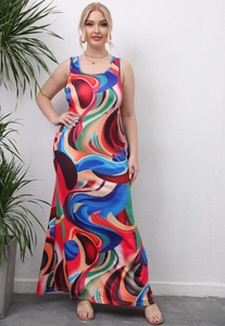 Full view of plus size maxi dress with vibrant abstract print and casual sleeveless cut