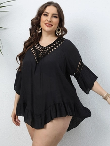 Plus size black beach cover-up featuring crochet lace V-neck and ruffled flare sleeves
