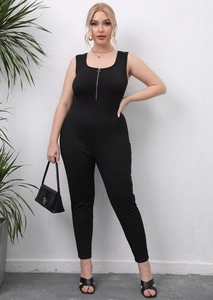 Women's plus size sleeveless ribbed jumpsuit with front zipper detail and slim fit design