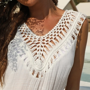Bohemian white crochet V-neck beach cover-up dress with tassel detail and stripe texture