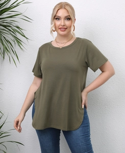Detail of army green t-shirt with crew neck and side split hem for women