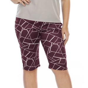 Detailed view of burgundy plus size shorts with white geometric print and elastic waist
