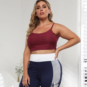 Women's burgundy ribbed crop top and color-block yoga leggings activewear set