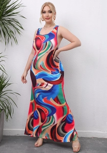 Detail of plus size sleeveless maxi dress with vibrant abstract swirl print and round neck