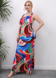 Detail of vibrant abstract oil painting print on women's plus size sleeveless maxi dress