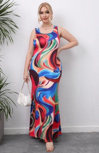 Close-up of plus size sleeveless maxi dress featuring colorful abstract swirl print