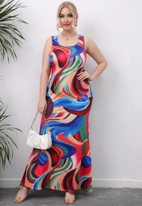 Close-up detail of the vibrant abstract swirl pattern on this sleeveless maxi dress