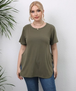 Detail of army green plus size T-shirt with split hem and relaxed round neck design
