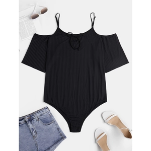 Sexy black ribbed plus size bodysuit with spaghetti straps and stylish summer outfit flat lay