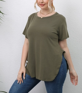 Plus size women's olive green short sleeve T-shirt with round neck and side split hem