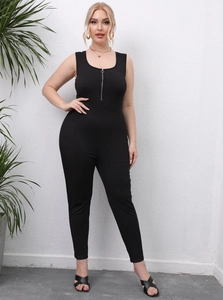 Close-up of black ribbed plus size sleeveless jumpsuit with front zipper detail