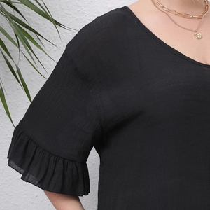 Detail of V-neck texture and ruffled sleeves on black plus size beach cover-up dress