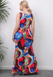 Plus size sleeveless maxi dress with colorful abstract print and fisheye hemline view