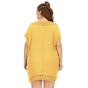 Detail of yellow beach cover-up featuring intricate crochet trim and a loose casual fit