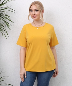 Detail of plus size ginger yellow t-shirt with cut-out lace pattern and round neck