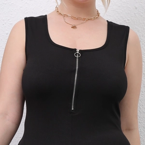 Slim fit black ribbed knit sleeveless bodysuit with a front silver ring zipper