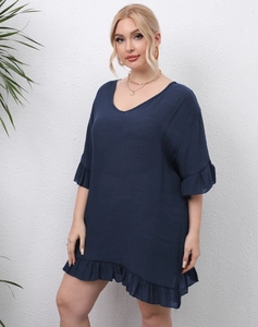 Plus size navy blue beach bikini cover-up dress with ruffles and V-neckline
