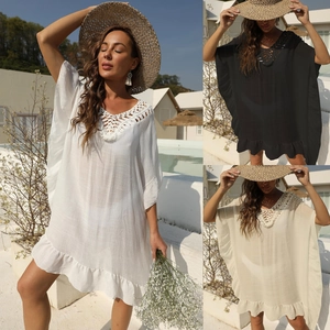 Abito da spiaggia da donna all'uncinetto con scollo a V, balze e schiena scoperta