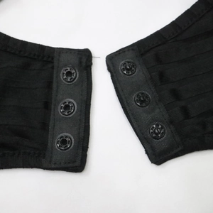 Close-up of black ribbed plus size bodysuit featuring three secure snap button closures