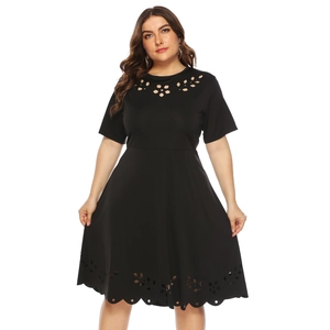 Women Plus Size Dress Laser Cut Hollow Out Short Sleeve A-Line Swing Dress Round Neck Elegant Casual Summer Midi Dress