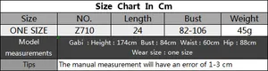 Detailed size chart for crochet bikini top with measurements in cm and model info