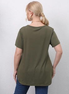 Rear view of plus size olive green short sleeve T-shirt with round neck and curved hemline