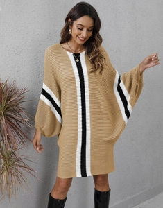 Women's batwing sleeve knit dress with khaki color and vertical black and white stripes