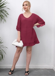Detail view of burgundy V-neck beach cover up dress with ruffled sleeves and lightweight fabric