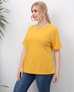 Detail of plus size ginger short sleeve t-shirt with hollow-out wings design for women