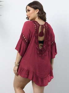 Bohemian Plus Size Crochet Beach Cover Up For Women V-Neck Hollow Out Tassel Ruffle Loose Summer Vacation Shirt Top
