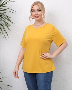 Detail view of yellow oversized short sleeve t-shirt with crew neck and casual style
