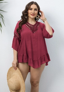 Burgundy v-neck crochet beach cover-up with hollow details and ruffled hem