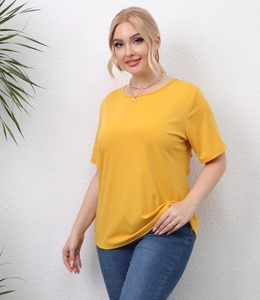 Close-up of vibrant yellow round neck short sleeve T-shirt with cut-out details