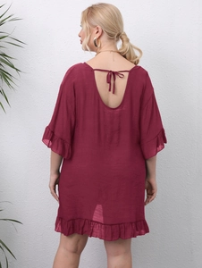Plus size burgundy ruffle beach cover-up dress with open back and tie detail