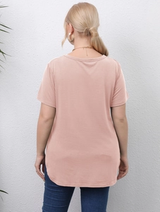 Back view of basic light pink short sleeve T-shirt with curved hem and crew neck