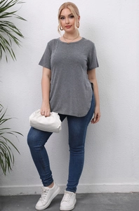 Detail view of grey short sleeve T-shirt with side slits and casual crew neck for women