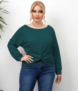 Dark green long sleeve t-shirt for women featuring a stylish front knot and round neck