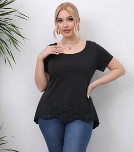 Plus size black short sleeve T-shirt with intricate laser cut floral hollow hem and round neck
