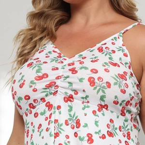 Plus size white camisole with cherry print and ribbed texture featuring a V-neck design