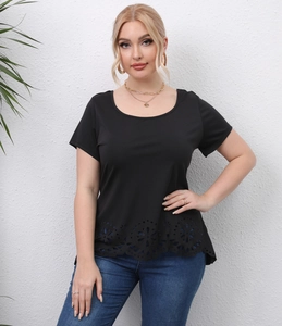 Plus size women's black round neck T-shirt with laser cut hollow flower eyelet details