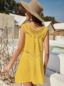 Bright yellow crochet V-neck sleeveless beach cover-up dress with hollow out back