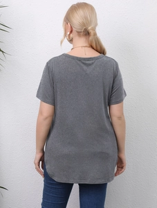 Rear view of plus size gray short sleeve T-shirt with curved hem and split details
