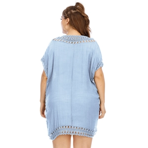 Detail of light blue beach cover-up featuring intricate crochet hollow-out lace patterns