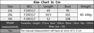 Size chart table for plus size beach cover up top showing measurements from 1XL to 3XL