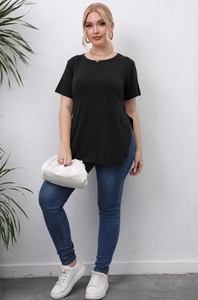 Full body view of a plus size black T-shirt featuring a casual crew neck and side slits