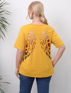 Detail showing elegant hollow-out butterfly wing design on the back of yellow T-shirt