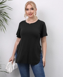 Detail shot of black plus size T-shirt featuring curved side slit hem and soft fabric texture